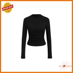 Mock Neck Thermal Top Long Sleeve Ruched Slim Fit Fall Basic Tee